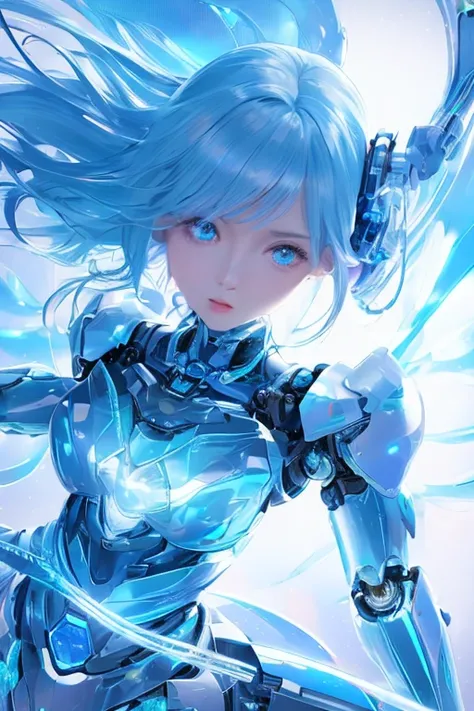 Mechanical Girl，Robotic Arm，full-body shot, Wonderful colors, close up,  reflective transparent iridescent color,Soft Lighting/ Soft Light, High Detail, Ultra HD，blue、White