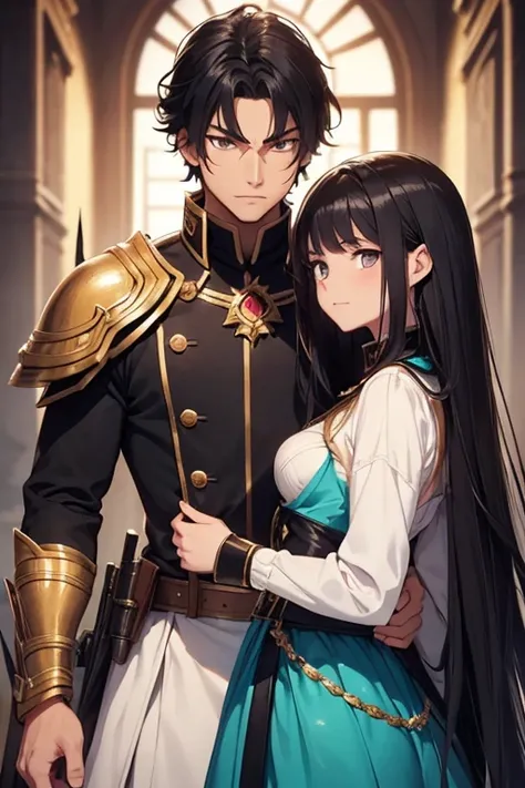 A man is holding a teenage girl from behind. They are wearing fantasy uniforms. the girl hates the man. Golden eyes and black hair.