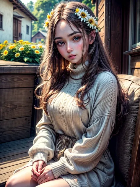 (best quality,highres,ultra-detailed),realistic portrait,beautiful detailed eyes,beautiful detailed lips,white skin,long brown hair,in a cozy village,sitting in front of house,aesthetic body,wearing a stylish cerish shirt,holding daisy flower,soft natural ...