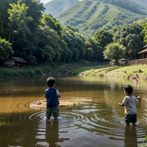 Create an atmosphere in the countryside with views of the mountain forest and rice fields. Then there are two small children playing in the river. Also create the atmosphere of Eid al-Fitr. Make the children also playing with the buffalo. 