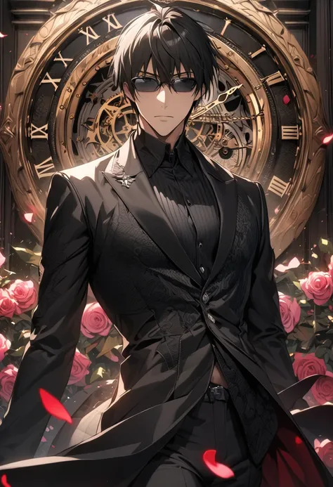 absurdres, highres, ultra detailed, HDR, masterpiece, extremely detailed face and eyes, perfect face, Wolfwood, black straight hair with bangs, expressive grey eyes, black sunglasses, Trigun, solo, sexy man, handsome, black coat, tight black shirt, pattern...