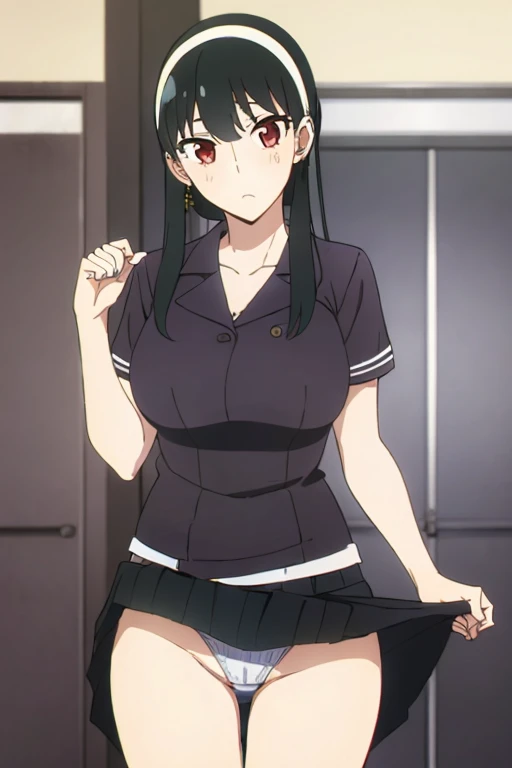 (masterpiece, highest quality: 1.2), alone, 1 girl, alone, panties，，black，Sailor suit，blazer，your heather, かなりEmbarrassing，View your viewers, Long black hair, head band,  Earrings, Big Breasts, Medium Waist, Medium Hips, wide thighs, Embarrassing, Charm, G...