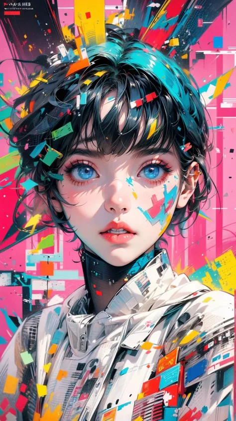 (masterpiece, High resolution, highest quality), Composition from head to thighs:1.3, Upper body focus, 20-year-old woman, Blank look, short hair, Avant-garde makeup, abstract design, artistic juxtapositions, High contrast, mixed-media approach, Anime Styl...