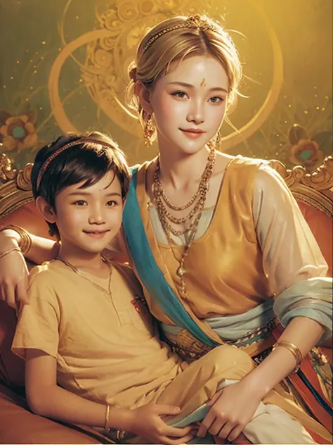 "Highly detailed painting of boy with a young blond girl on his lap, capturing the essence of Myanmar art in the style of Greg Olsen."