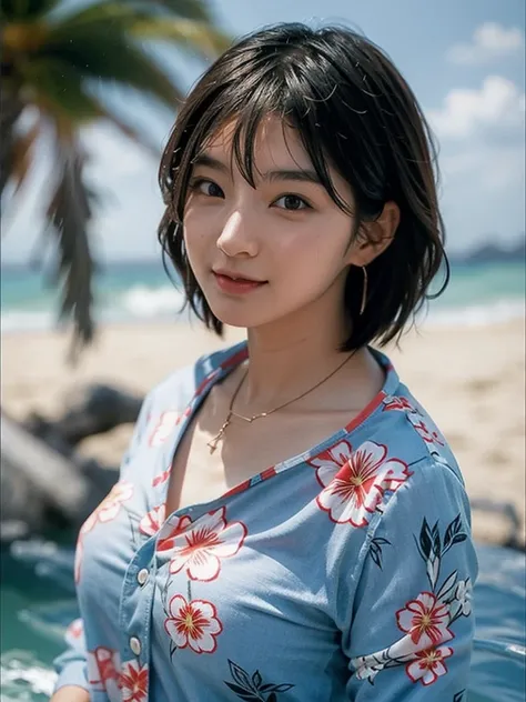 1 girl, Japan person, photorealistic, beautiful and detailed face, viewer, simple background, solo, sea, aloha shirt, small breasts, aloha shirt. sunny, summer vacation, beach, (short hair, wet), smile, movie lighting, movie, Japan drama, (necklace), earri...