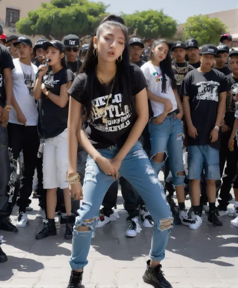 20 year old hip hop girl in a rap battle in a Mexican plaza