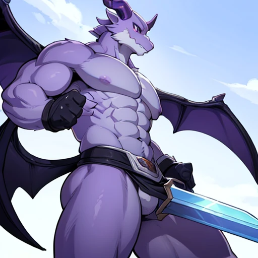 dragon, purple body, blue horns, silver sword, silver round shield, silver armor, large bat wings, anime soft shading , huge muscles, , Toriyama style, low angle 