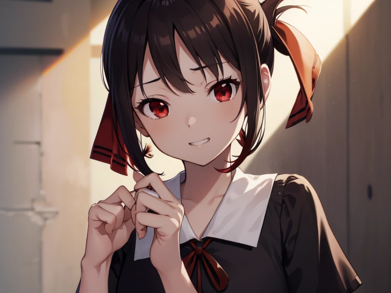 kaguyashinomiya, kaguya shinomiya, Folded ponytail, amount, hair ribbon, (Red eyes:1.5), red ribbon, ribbon, short hair, Side Lock,
break black dress, dress, pinafore dress, , shirt, Short sleeve, Shuchiin Academy , white shirt,
break looking at viewer,
br...