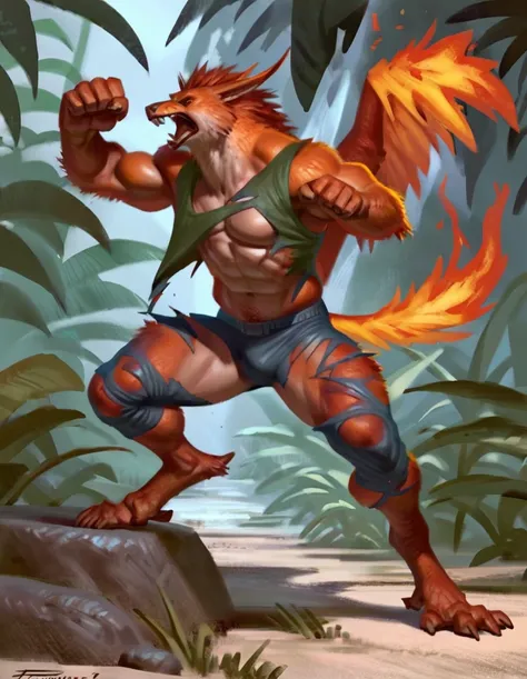 anthro male muscular man morphing into anthro phoenix, by taran fiddler, jungle, , expressive, dynamic, attractive, power stance, torn clothes, pain