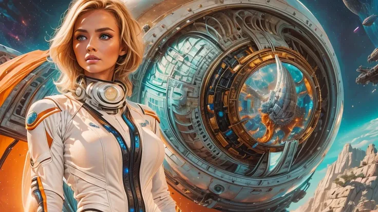 arafed image of a white woman in a futuristic suit with a spaceship in the background, movie art, in front of an orange background, inspired by Robert McGinnis, female protagonist, megastructure in the background, portrait of an ai astronaut, astronauts, a...