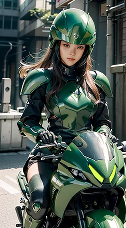 Highest image quality, Outstanding details, Ultra-high resolution, (realism: 1.4), Best example, Favor the details, Highly concentrated 1girl, Beautiful face, Wearing black and green armor, Wearing a mecha helmet, Holding the directional controller, Riding...