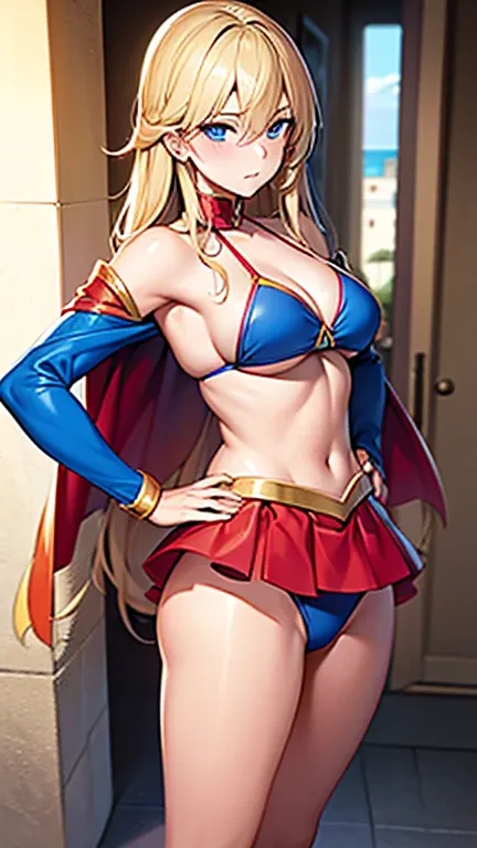 ((Best quality, Masterpiece, Nonsense)),1girll:1.9, Sexy, ( 18 years old, Expressive blue eyes, shoulder-length blonde hair, Long hair,Loose and fluffy hair),Dressed Supergirl cosplay (Super Girl Suite custom role-playing), Shortest red skirt,eechi, Terrac...