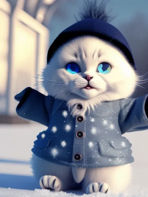 A cute kitten+Snow-white hair，Big bright eyes，sweet smile，sweet smile，Dress up as a fashion model，Stylish suit with blue crystal texture，hats and bags，Snow-white fluffy，Big bright eyes，Big bright eyes，stand up，Fluffy tail，Winter is coming，Snow flakes danci...