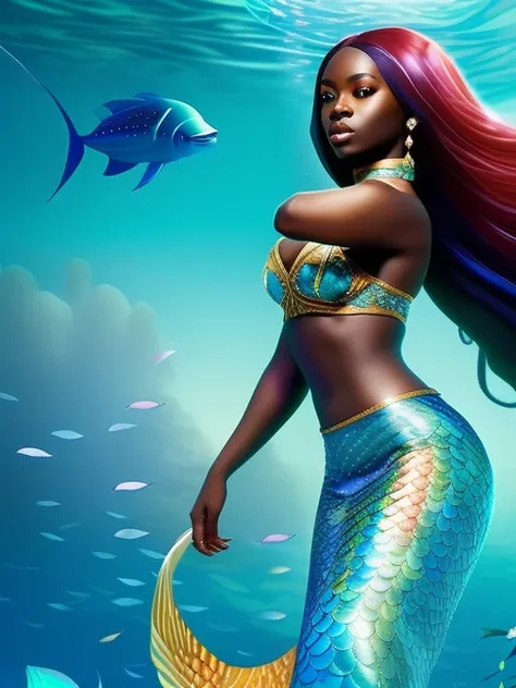 mermaid, african woman, underwater, mermaid tail, long straight hair, black hair, sea, celavage, bra, looking at viewer, long mermaid tail below waistline,