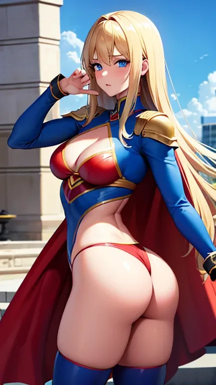 ((Best quality, Masterpiece, Nonsense)),1girll:1.9, Sexy, ( 18 years old, Expressive blue eyes, shoulder-length blonde hair, Long hair,Loose and fluffy hair),Dressed Supergirl cosplay (Super Girl Suite custom role-playing), Shortest red skirt,eechi, Terrac...