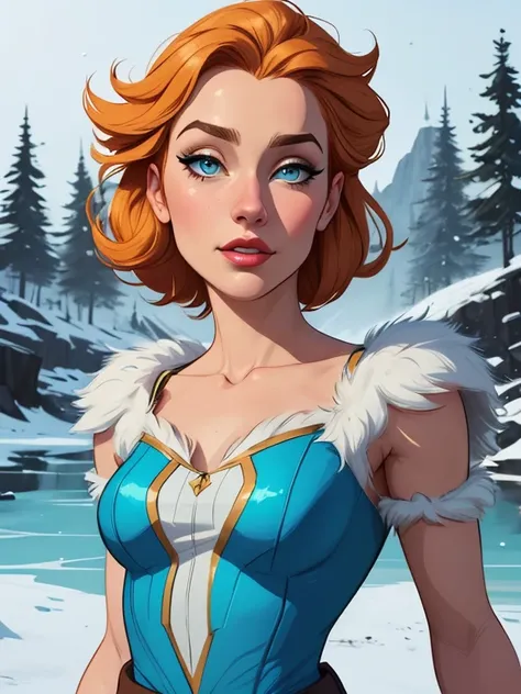 Personagem mulher estilo atompunk Fallout 4 mas max Rainha Anna de Arendelle com marcas de guerras Imagem de desenho animado de uma mulher .Ilustra??o estilo desenho animado, estilo de arte dos desenhos animados, estilo de arte dos desenhos animados, digit...