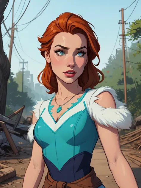 Personagem mulher estilo atompunk Fallout 4 mas max Rainha Anna de Arendelle com marcas de guerras Imagem de desenho animado de uma mulher .Ilustra??o estilo desenho animado, estilo de arte dos desenhos animados, estilo de arte dos desenhos animados, digit...