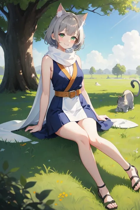 1 girl, neko girl, full body, 14 years old, white skin, gray cat ears, no human ears, smiley face, happy, blushing, smiling, BLUE ninja dress, belt, brown ninja shoes, WHITE scarf, sitting on the grass, Under a tree, Shadow, high quality, Beautiful face, b...