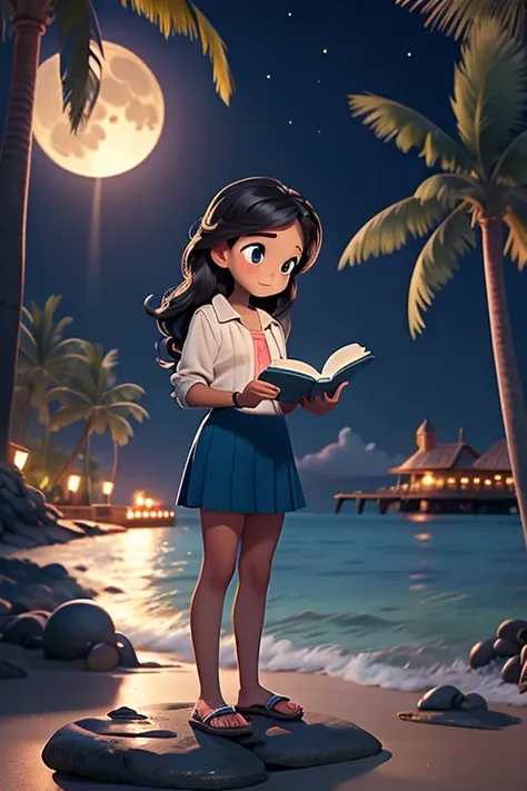 masterpiece, Best quality, 1 girl, Reading a book on a stone pier by the sea，night，Big full moon in the background，There are some cute rabbits around，coconut tree，Pixar style，Disney style，