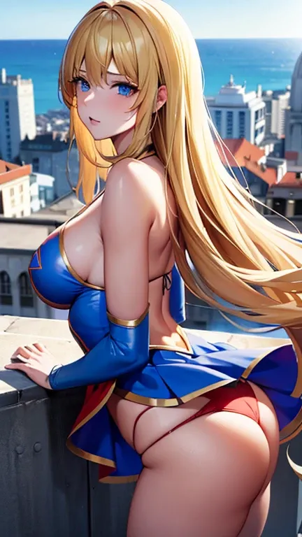 ((Best quality, Masterpiece, Nonsense)),1girll:1.9, Sexy, ( 18 years old, Expressive blue eyes, shoulder-length blonde hair, Long hair,Loose and fluffy hair),Dressed Supergirl cosplay (Super Girl Suite custom role-playing), Shortest red skirt,eechi, Terrac...