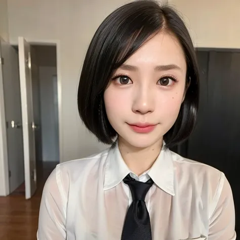 (kawaii 24year-old Japanese girl, Nogizaka idol, Korean idol), (glossy black hair, very short hair, pixie cut:1.3), (rounded face, black eyes, single eyelid, no makeup, soft smiling:1.2), (wearing highschool uniform, silky white collared shirt, necktie:1.3...