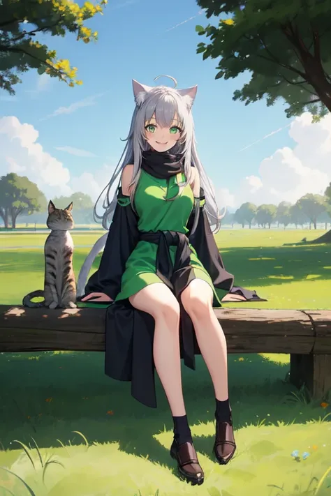 1 girl, neko girl, full body, 14 years old, white skin, gray cat ears, no human ears, smiley face, happy, blushing, smiling, BLUE ninja dress, black belt on the waist, brown ninja shoes, white scarf, sitting on the grass, Under a tree, Shadow, high quality...