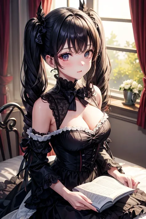 devil、young、full moon、Gothic Lolita、silhouette、masterpiece、Rich lighting、Portraiture、New Themes、dream-like、Finely drawn eyes and detailed face、Large breasts、building、Twin tails