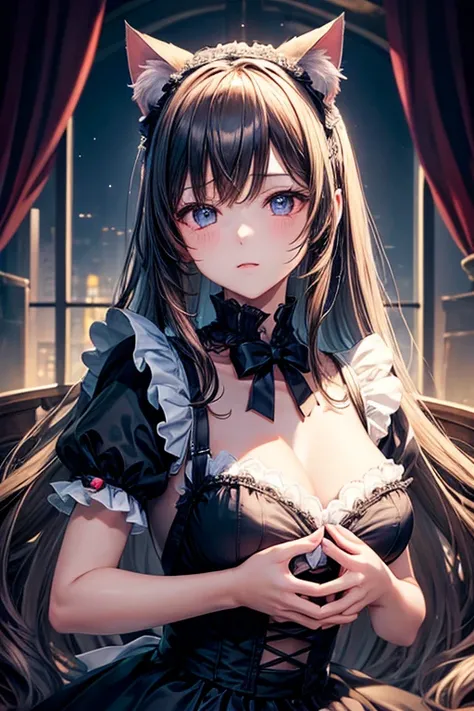 Cat ear、young、full moon、Gothic Lolita、silhouette、masterpiece、Rich lighting、Portraiture、New Themes、dream-like、Finely drawn eyes and detailed face、Large breasts、short、cute、Maid clothes