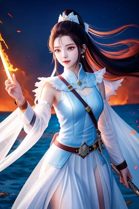 Marz，The sky is splitting，A sea of fire，18-year-old girl holds a 1-meter white sword，The sword body emitted a faint blue sword qi，The sword points to the sky，Curvy beauty，high ponytail，Wearing a white tulle suspender，There was a lot of blood on the clothes...