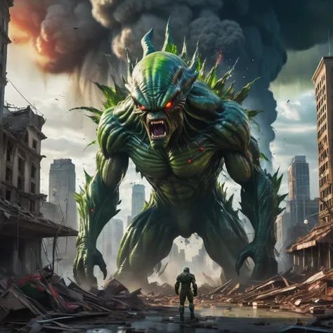 An alien city lies in ruins, Omni Man in torn and ragged uniform, smeared with green blood, angry look on his face, other superheroes battling against monstrous creatures, buildings crumbling and smoke rising in the background, vibrant colors and high cont...