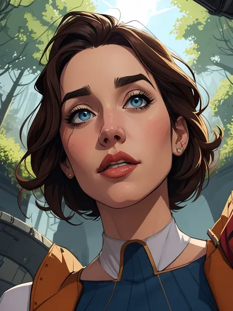 Personagem mulher estilo atompunk Fallout 4 Jennifer Connelly le com marcas de guerras Imagem de desenho animado de uma mulher .Ilustra??o estilo desenho animado, estilo de arte dos desenhos animados, estilo de arte dos desenhos animados, digital illustrat...