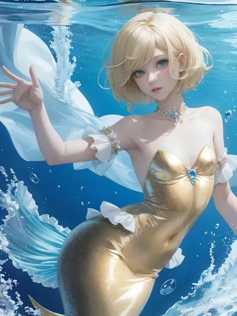 mermaid, 1girl, crossdressing, anime, beauty, small breasts, short hair, blonde hair, blue eyes, sea, underwater, ocean,