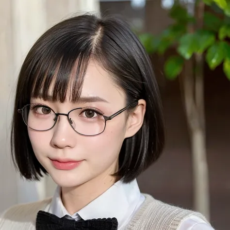 (kawaii 24year-old Japanese girl, Nogizaka idol, Korean idol), (glossy black hair, very short hair, pixie cut:1.3), (rounded face, black eyes, single eyelid, no makeup, soft smiling:1.2), (wearing glasses, highschool uniforms, earth colored knitted vest, s...