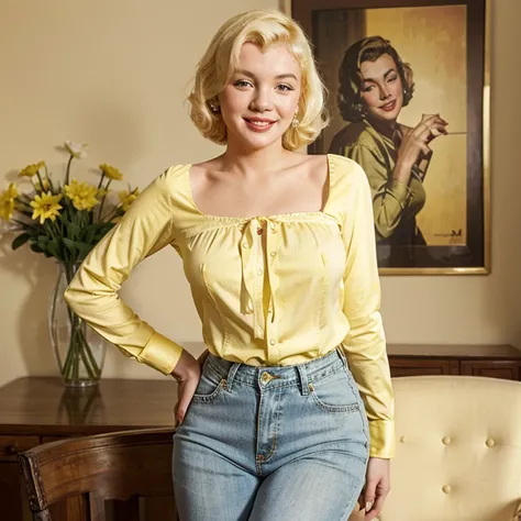 Marilyn Monroe wearing long sleeve blouse and yellow jeans and smiling