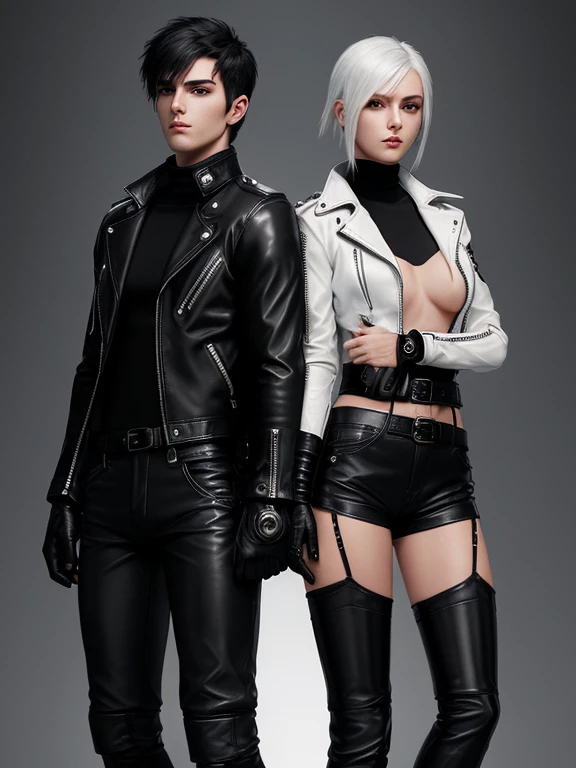 Final Fantasy-style graphics, young, Cute and cool Japanese boys and girls, Both have thin eyebrows and large eyes,  Both are wearing shiny white single-breasted leather jackets.。..。Biker style leather jacket、 with epaulettes,  The jacket is zipped up, The...