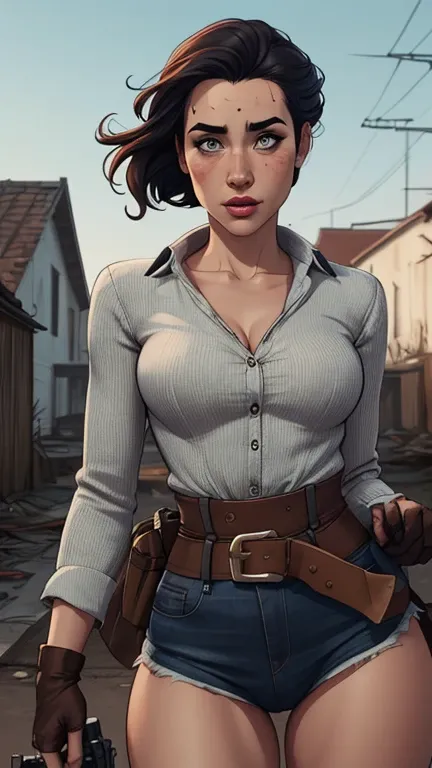 Woman character armed with a .38 revolver in atompunk western style Fallout 4 Jennifer Connelly le with scars of war Cartoon image of a woman .Ilustra??o estilo desenho animado, estilo de arte dos desenhos animados, estilo de arte dos desenhos animados, di...