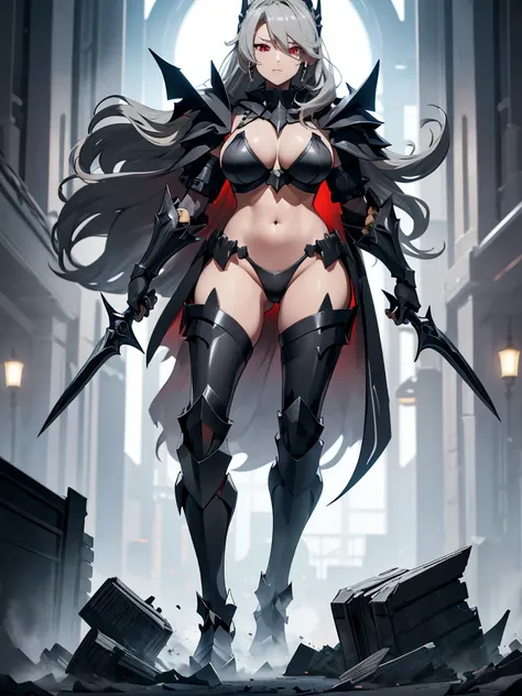 Voluptuous, Busty Blonde Female Dark Knight in ((((Black Full Plate Metal)) Bikini Armor)), Red Eyes, Thigh high Full Metal Plate Armored Boots. (((Full Body View))), Long hair, Messy bun, Wielding a Black Great Sword, (Red Cloak), (Red Pleated Skirt), det...