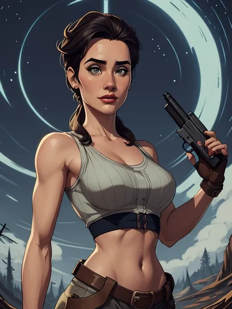 Woman character jeday style warrior armed with a 38 revolver western style atompunk Fallout 4 Jennifer Connelly le with marks of war Cartoon image of a woman .Ilustra??o estilo desenho animado, estilo de arte dos desenhos animados, estilo de arte dos desen...