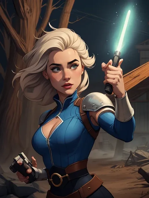 Jeday style woman character with lightsaber warrior armed with a 38 revolver western atompunk style Fallout 4 Jennifer Connelly le with marks of war Cartoon image of a woman .Ilustra??o estilo desenho animado, estilo de arte dos desenhos animados, estilo d...