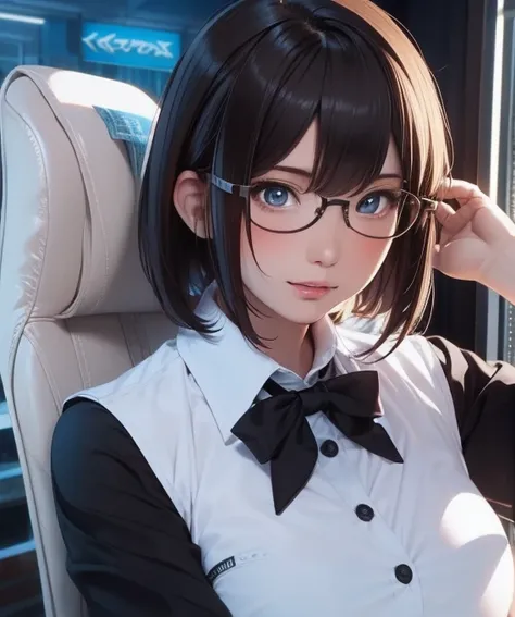 masterpiece,best quality,detailed,1girl,solo,sexy stewardess uniform,short hair, messy hair, adjusting hair, semi-rimless eyewear, 
,