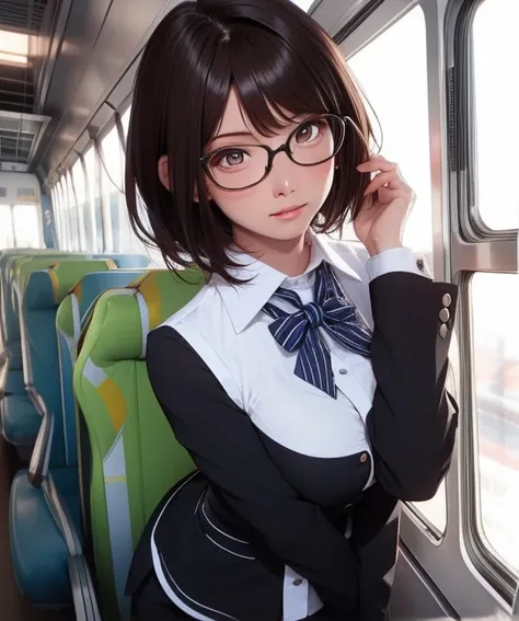 masterpiece,best quality,detailed,1girl,solo,sexy stewardess uniform,short hair, messy hair, adjusting hair, semi-rimless eyewear, 
,