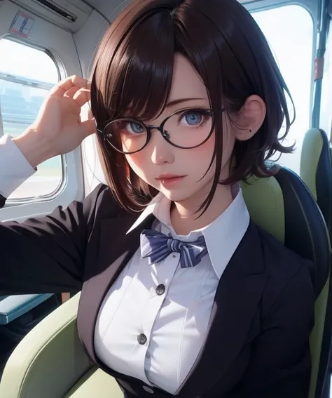 masterpiece,best quality,detailed,1girl,solo,sexy stewardess uniform,short hair, messy hair, adjusting hair, semi-rimless eyewear, 
,