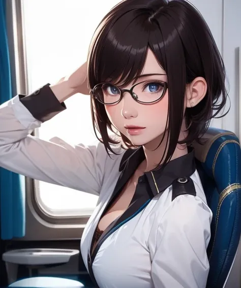 masterpiece,best quality,detailed,1girl,solo,sexy stewardess uniform,short hair, messy hair, adjusting hair, semi-rimless eyewear, 
,