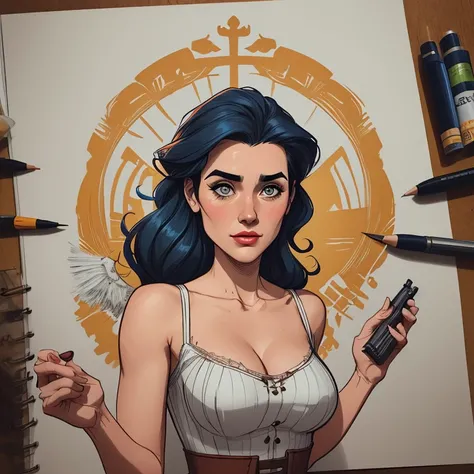 Woman character jeday style warrior armed with a 38 revolver western style atompunk Fallout 4 Jennifer Connelly le with marks of war Cartoon image of a woman .Ilustra??o estilo desenho animado, estilo de arte dos desenhos animados, estilo de arte dos desen...