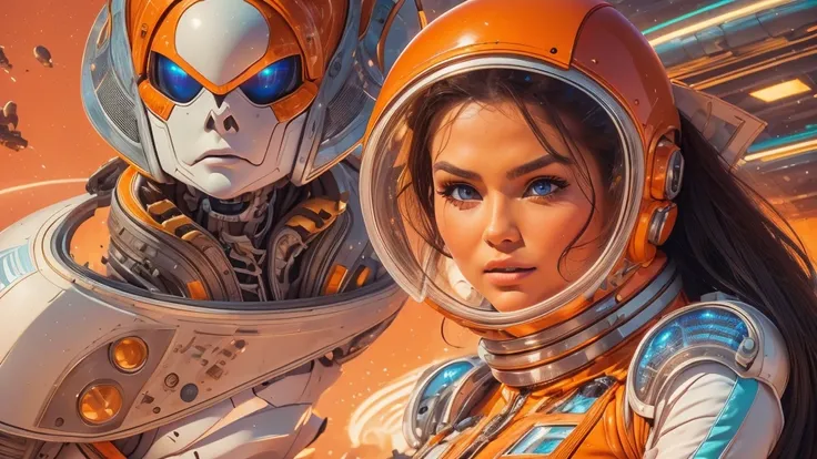 arafed image of a white woman in a futuristic suit with a spaceship in the background, movie art, in front of an orange background, inspired by Robert McGinnis, female protagonist, megastructure in the background, portrait of an ai astronaut, astronauts, a...