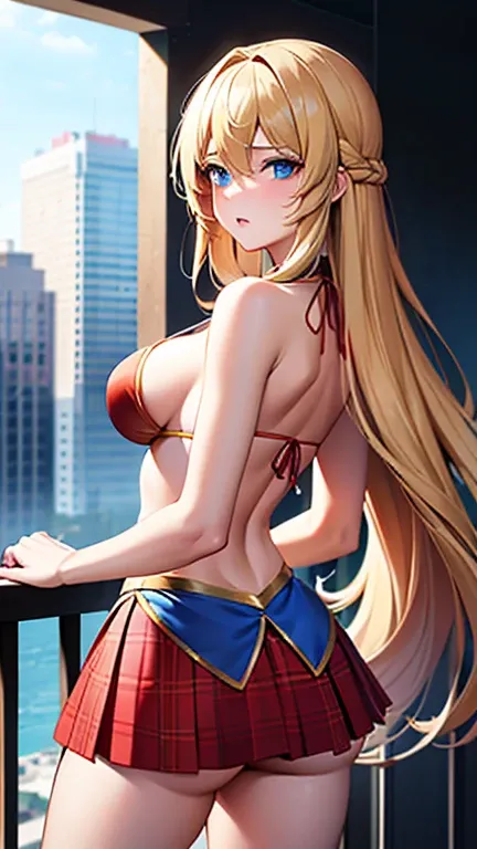 ((Best quality, Masterpiece, Nonsense)),1girll:1.9, Sexy, ( 18 years old, Expressive blue eyes, shoulder-length blonde hair, Long hair,Loose and fluffy hair),Dressed Supergirl cosplay (Super Girl Suite custom role-playing), Shortest red skirt,eechi, Terrac...