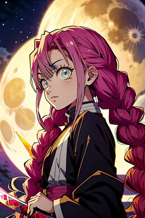 Anime character with long hair holding a sword in front of the full moon, cute face in demon slayer art, kimetsu no yaiba, Inspired by Demon Slayer, Yoriichi Tsujikuni, Demon Slayer art style, Demon slayer anime picture, Tanjiro Kamado