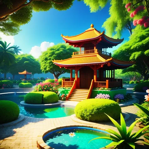 3D Numbers), (best quality), Tranquil Jamaican Gardens, Blooming cannabis flowers, fish pond, catwalk, pagoda, Planting inspired unusual pop art, ultra-realistic 8k, Vivid color scheme, soft light, prime time, Peaceful environment