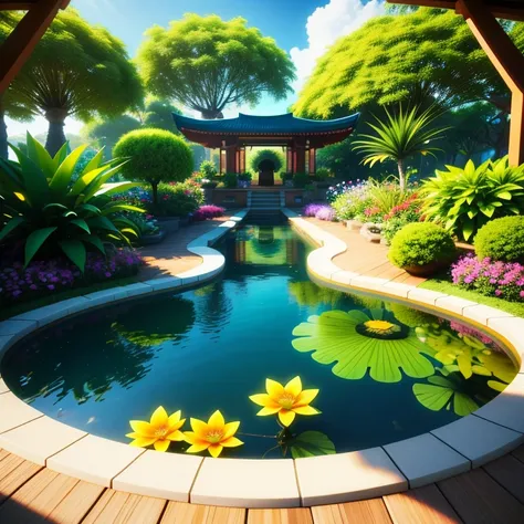 3D Numbers), (best quality), Tranquil Jamaican Gardens, Blooming cannabis flowers, fish pond, catwalk, pagoda, Planting inspired unusual pop art, ultra-realistic 8k, Vivid color scheme, soft light, prime time, Peaceful environment