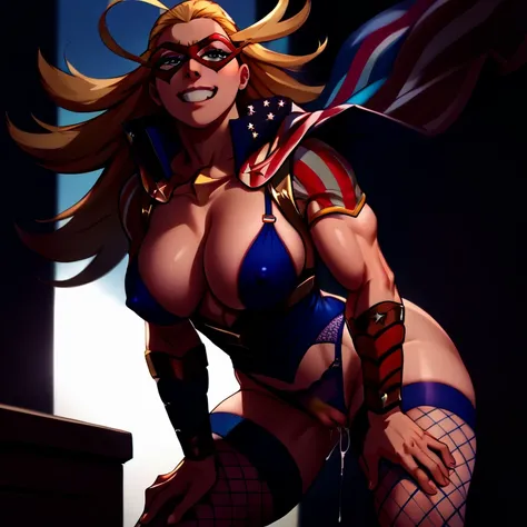 score_9, score_8_up, score_7_up, score_6_up,score_5_up,score_4_up, (BREAK domino mask:1.2), american flag print, striped bodysuit, red cape,starandstripe, toned, antenna hair, long hair, orgasm grin, (nsfw:1.2), pubic hair, in room, large breasts, nipples,...